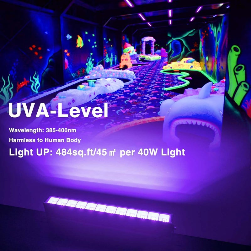 Atfoyer Store شريط ضوء أسود LED بقوة 40 واط 2 قطعة، أضواء سوداء لحفلة التألق، ضوء أسود مع قابس ومفتاح، كل ضوء يضيء مساحة 484 قدم مربع، ضوء تألق للهالوين، طلاء جسم فلوريسنت، إضاءة مسرح، غرفة نوم - Image 2